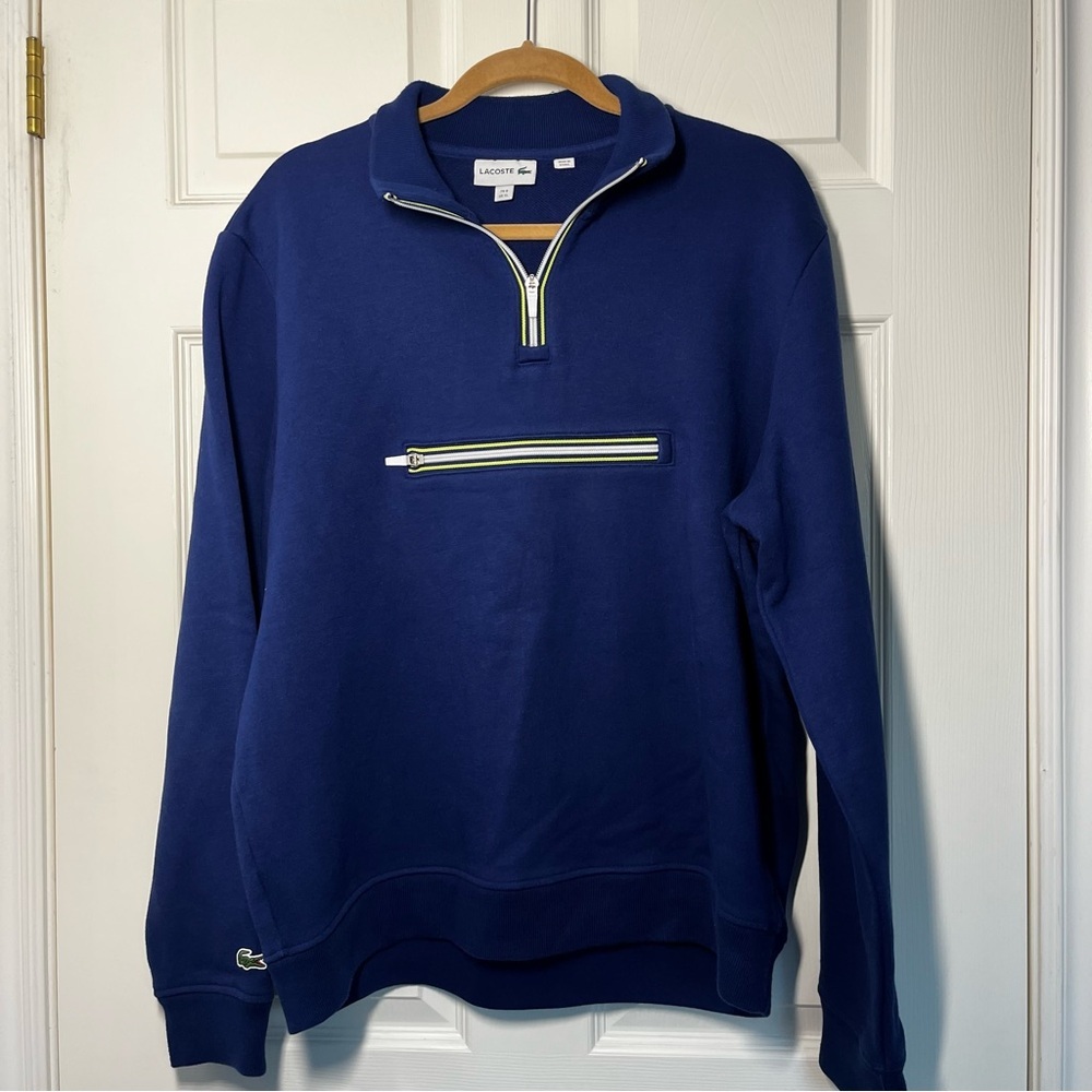 LACOSTE Men's Blue Half-Zip Mouline Sweatshirt with Kangaroo Pocket Size XL